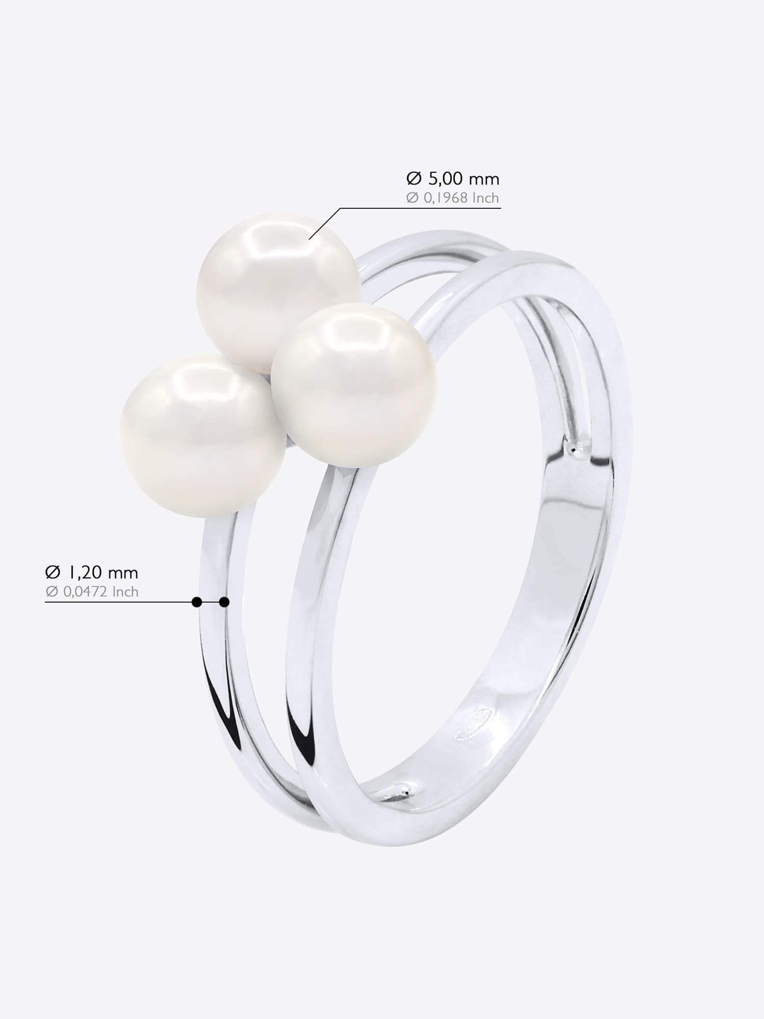 Bague Trilogie Véritables Perles d'Eau Douce Rondes 5-6 mm — Argent 925 Millièmes Rhodié 6