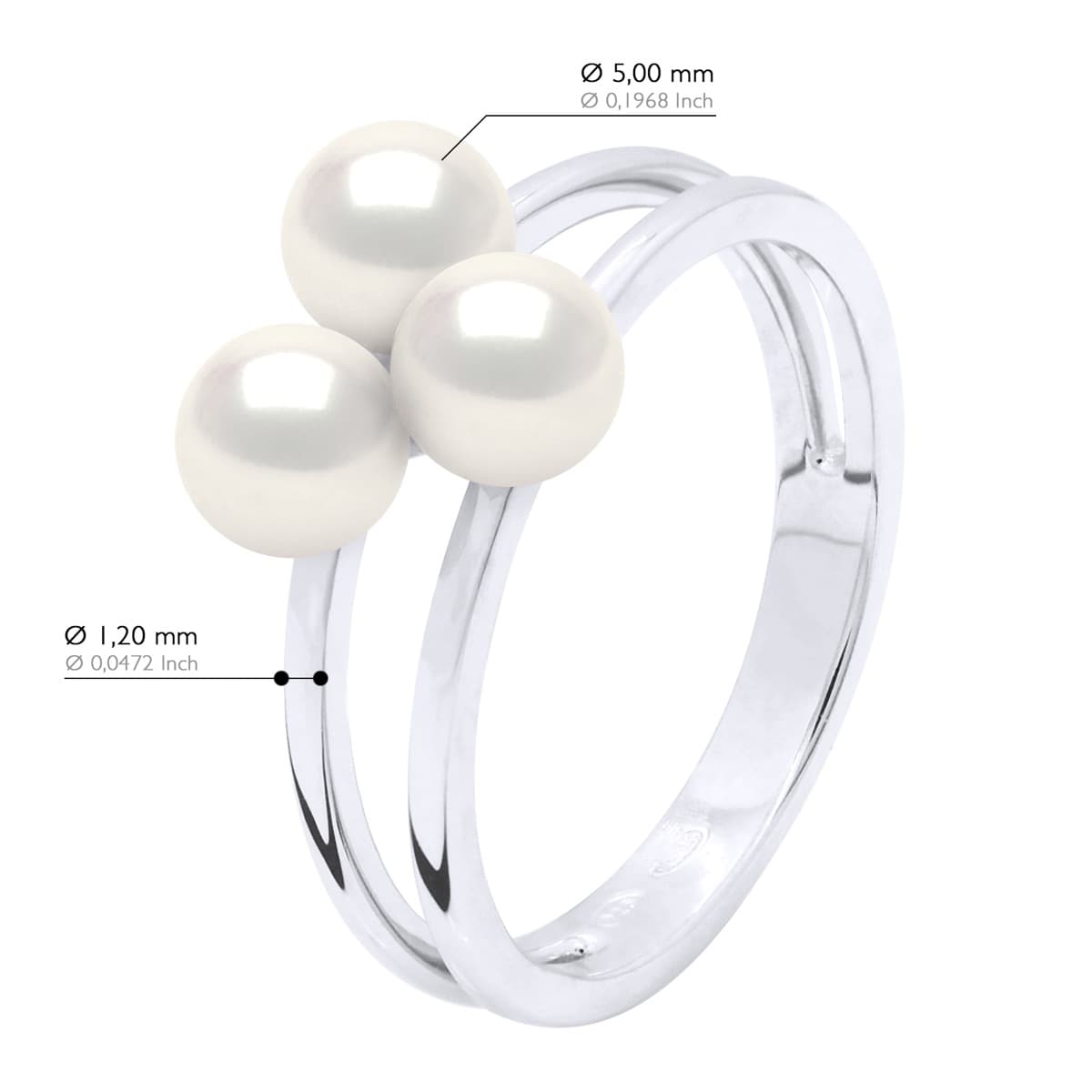 Bague Trilogie Véritables Perles d'Eau Douce Rondes 5-6 mm — Argent 925 Millièmes Rhodié 7