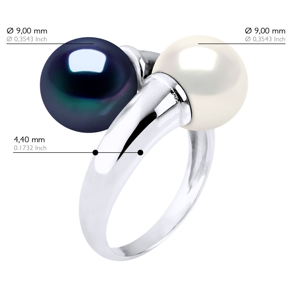 Bague Toi & Moi Véritables Perles d'Eau Douce Rondes 9-10 mm — Argent 925 Millièmes Rhodié 3