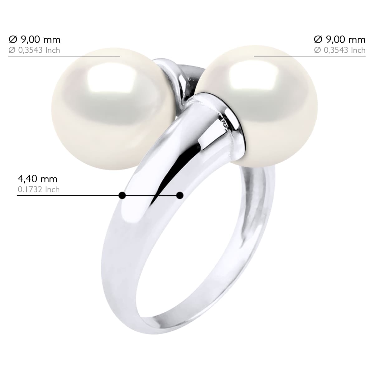 Bague Toi & Moi Véritables Perles d'Eau Douce Rondes 9-10 mm — Argent 925 Millièmes Rhodié 2
