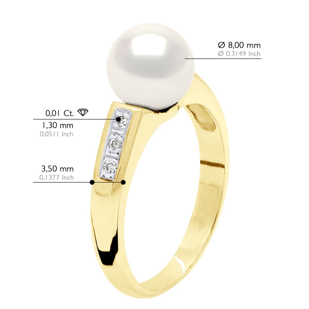 Bague Véritable Perle d'Eau Douce Ronde 8-9 mm Diamant 0.06 ct — Or Jaune 375 Millièmes 3