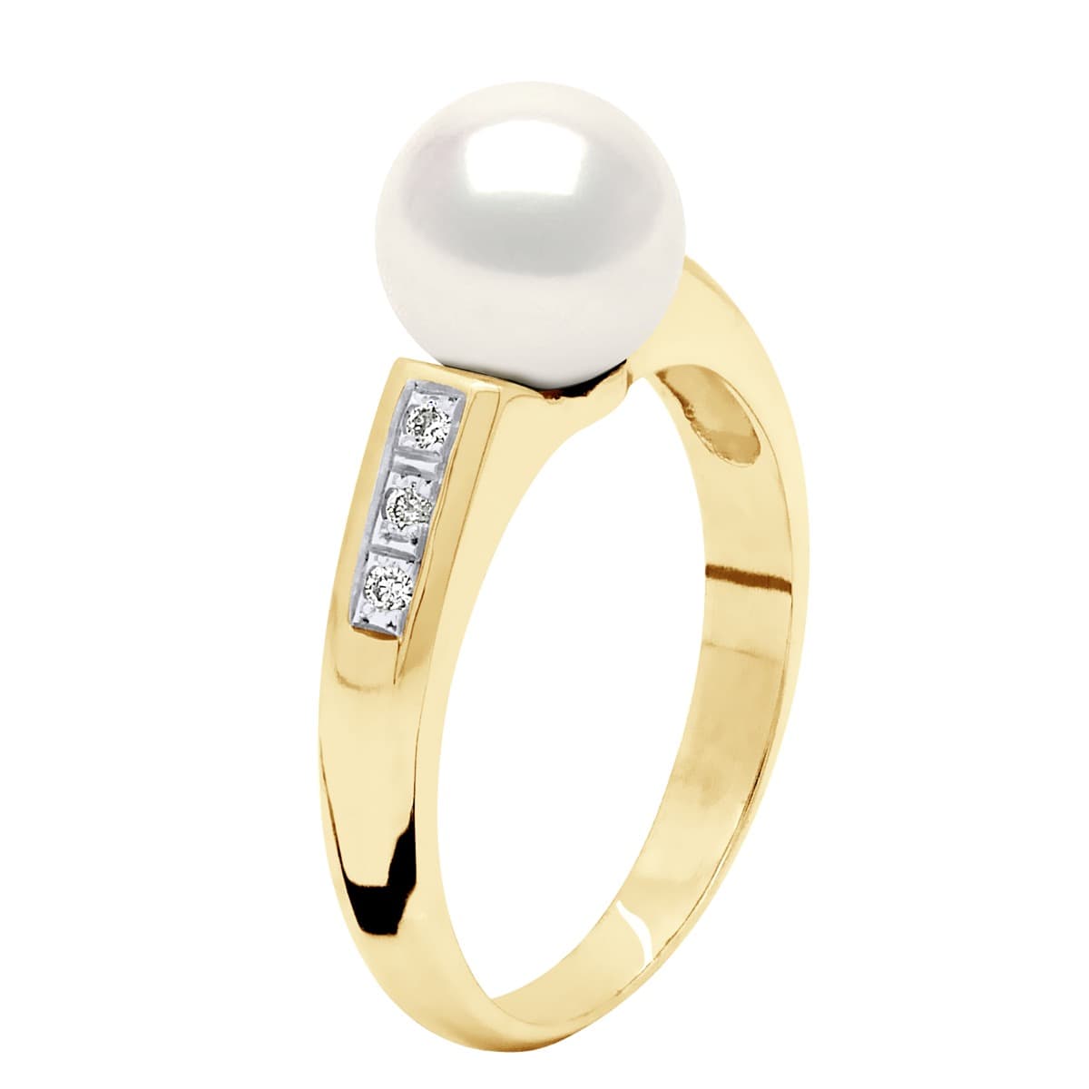 Bague Véritable Perle d'Eau Douce Ronde 8-9 mm Diamant 0.06 ct — Or Jaune 375 Millièmes 2