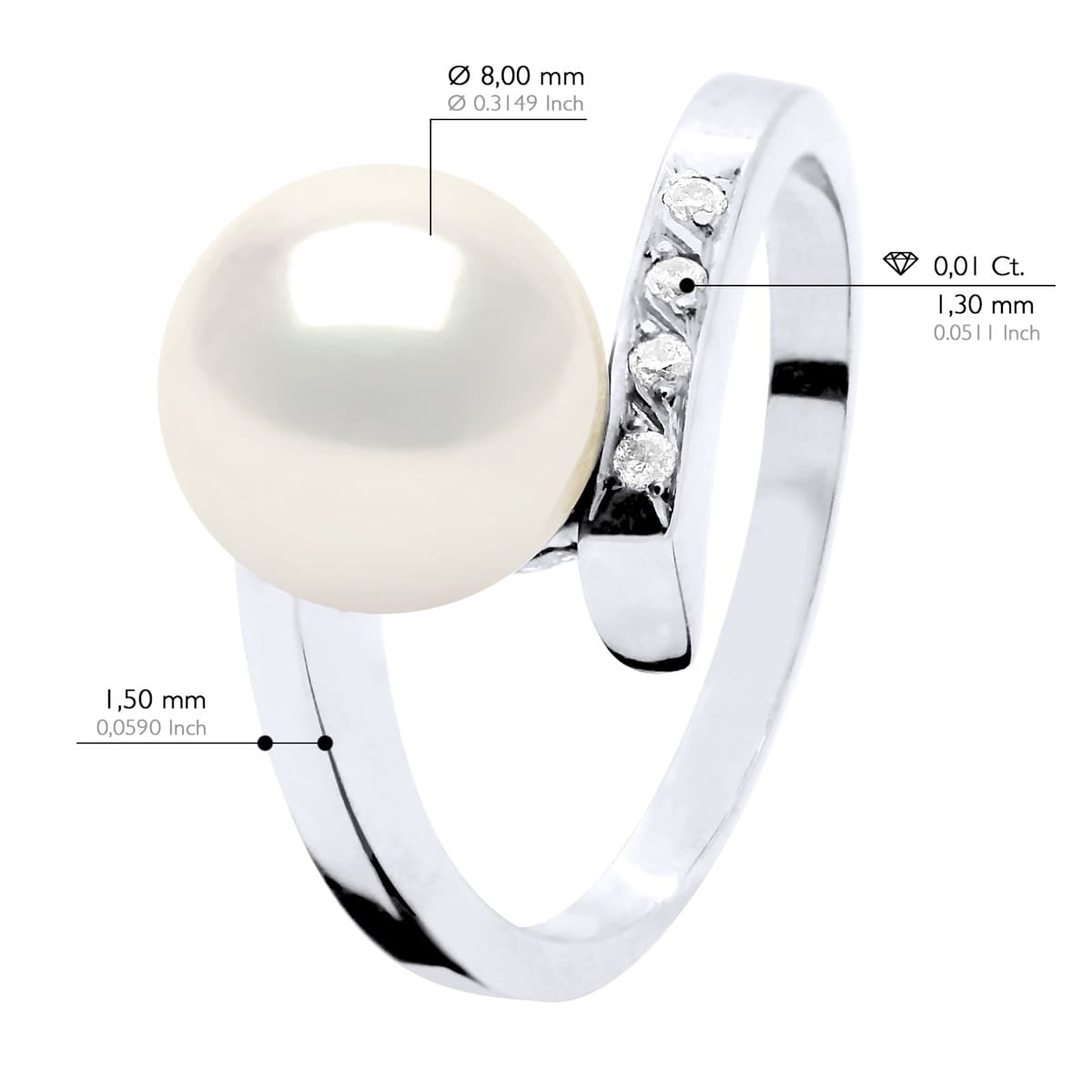 Bague Véritable Perle d'Eau Douce Ronde 8-9 mm Diamant 0.04 ct — Or Blanc 375 Millièmes 2