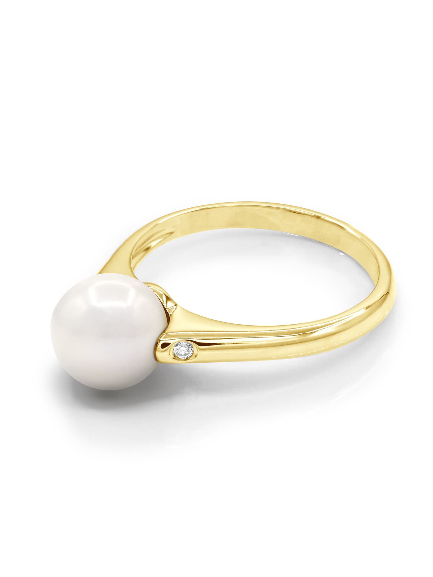 Bague Solitaire Véritable Perle d'Eau Douce Ronde 8-9 mm Diamants 0.02 ct — Or Jaune 375 Millièmes 1
