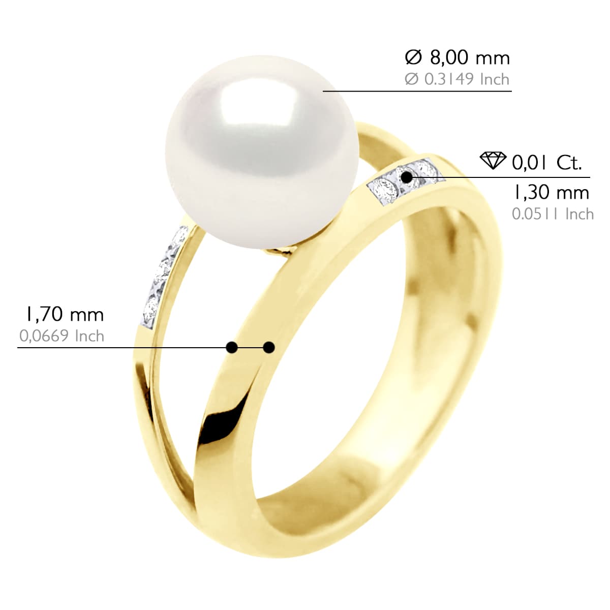 Bague Jonc Véritable Perle d'Eau Douce Ronde 8-9 mm Diamants 0.06 ct — Or Jaune 375 Millièmes 2