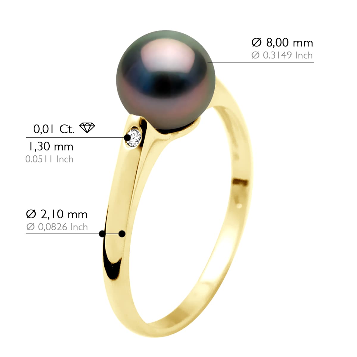Bague Véritables Perles de Tahiti Rondes 8-9 mm Diamants 0.02 ct — Or Jaune 375 Millièmes 2