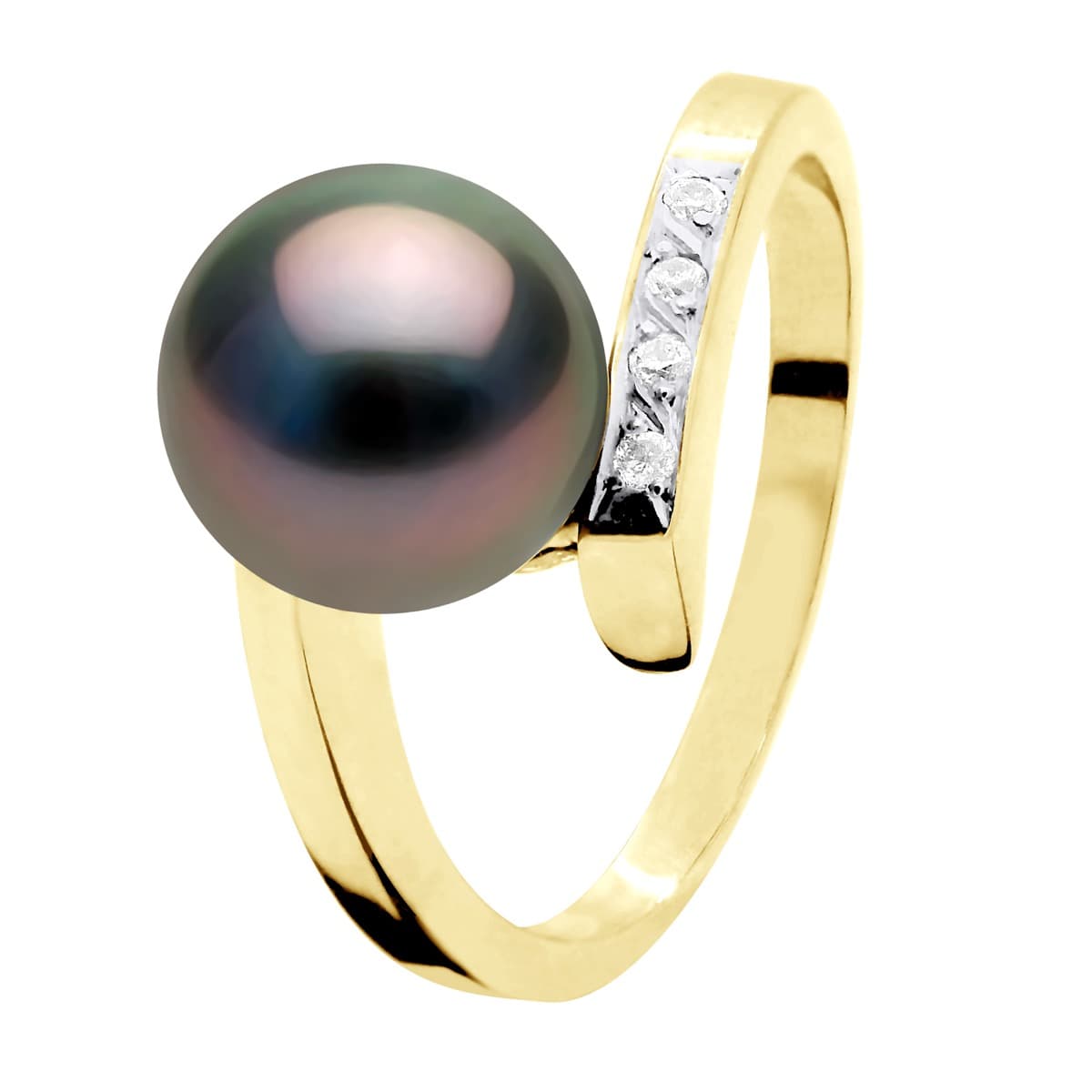 Bague Véritable Perle de Tahiti Ronde 8-9 mm Diamant 0.04 ct — Or Jaune 375 Millièmes 4