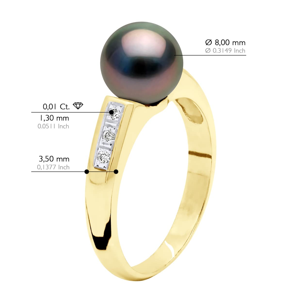 Bague Véritable Perle de Tahiti Ronde 8-9 mm Diamant 0.06 ct — Or Jaune 375 Millièmes 2
