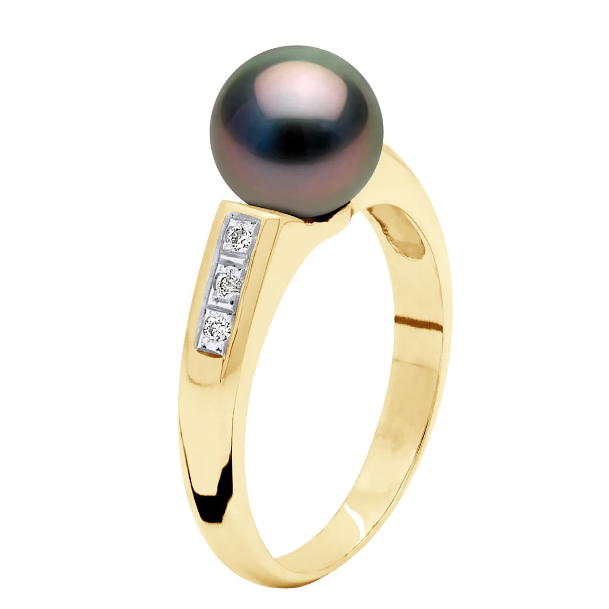 Bague Véritable Perle de Tahiti Ronde 8-9 mm Diamant 0.06 ct — Or Jaune 375 Millièmes 3