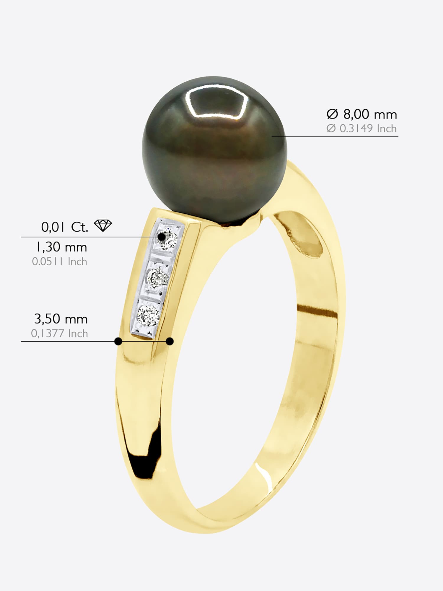 Bague Véritable Perle de Tahiti Ronde 8-9 mm Diamant 0.06 ct — Or Jaune 375 Millièmes 5