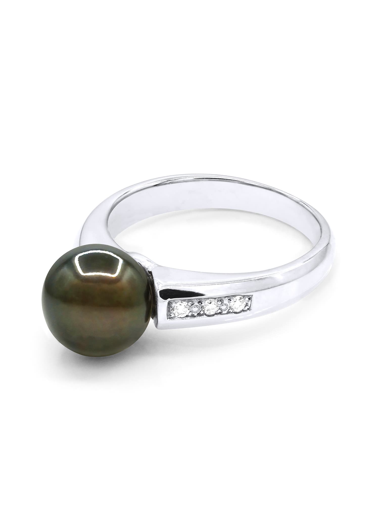 Bague Véritable Perle de Tahiti Ronde 8-9 mm Diamant 0.06 ct — Or Blanc 375 Millièmes 1