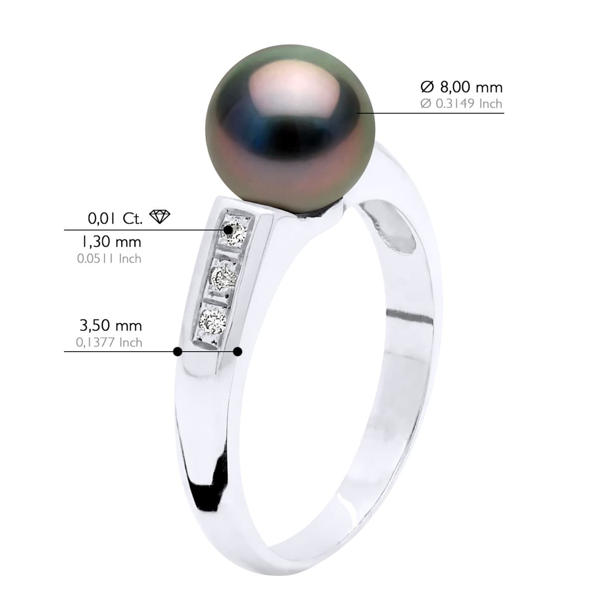 Bague Véritable Perle de Tahiti Ronde 8-9 mm Diamant 0.06 ct — Or Blanc 375 Millièmes 2