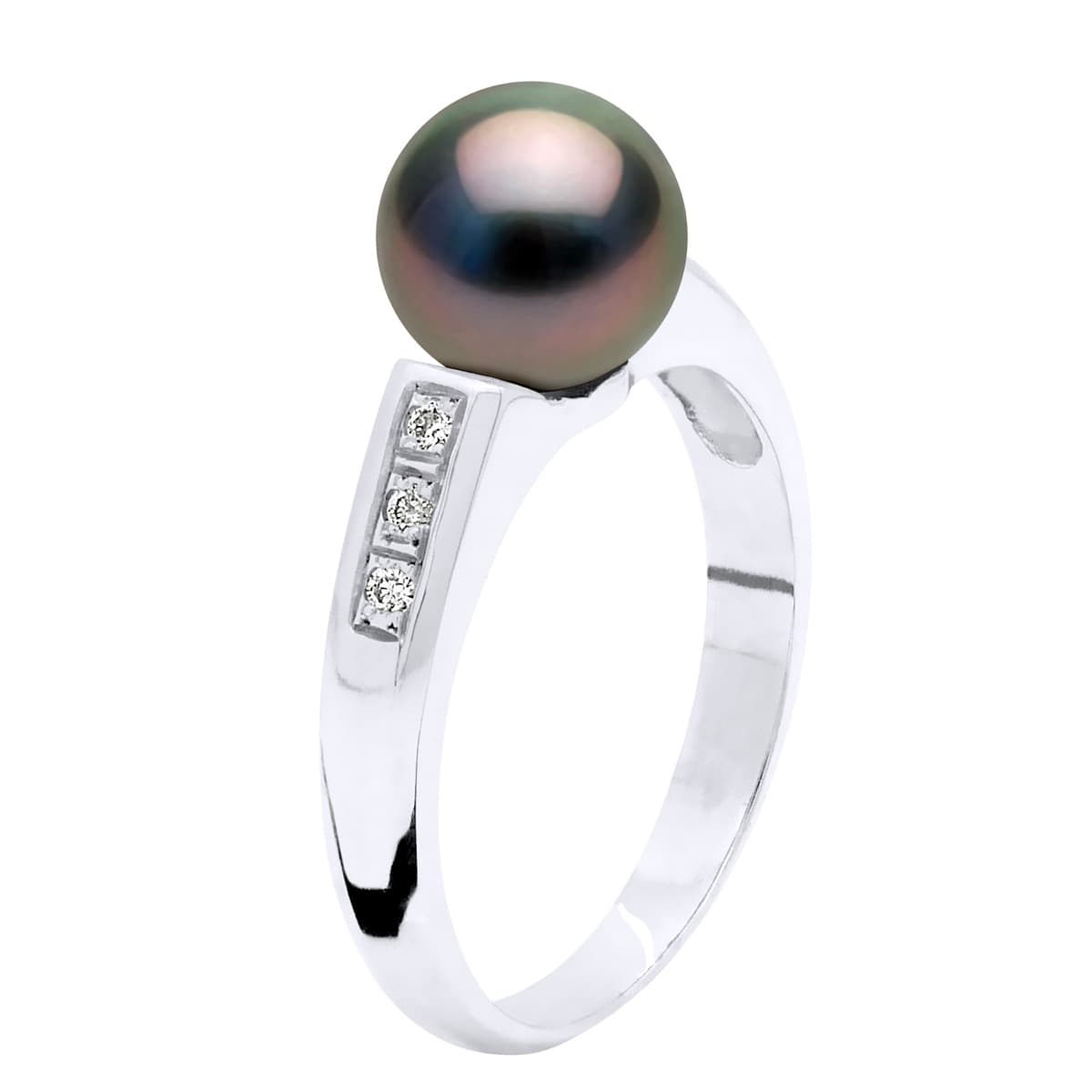 Bague Véritable Perle de Tahiti Ronde 8-9 mm Diamant 0.06 ct — Or Blanc 375 Millièmes 3