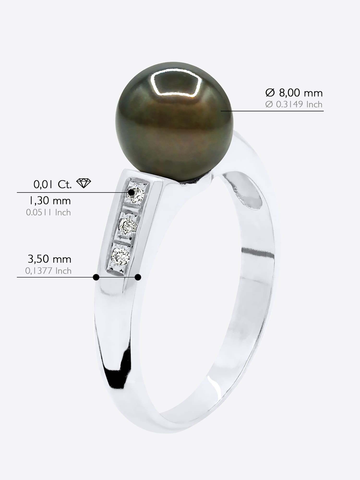Bague Véritable Perle de Tahiti Ronde 8-9 mm Diamant 0.06 ct — Or Blanc 375 Millièmes 5