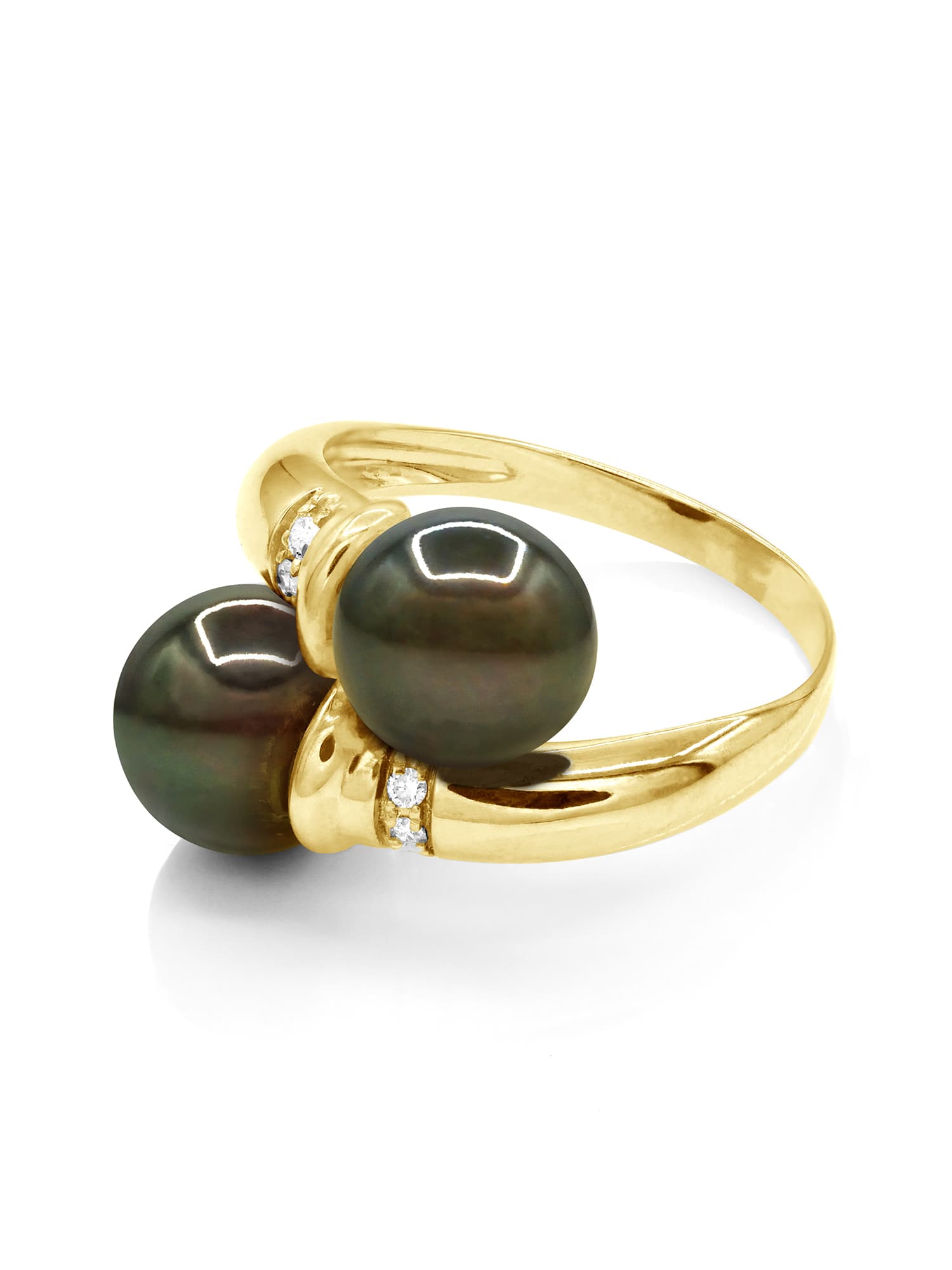 Bague Toi & Moi Véritables Perles de Tahiti Rondes 8-9 mm Diamants 0.06 ct — Or Jaune 375 Millièmes 1