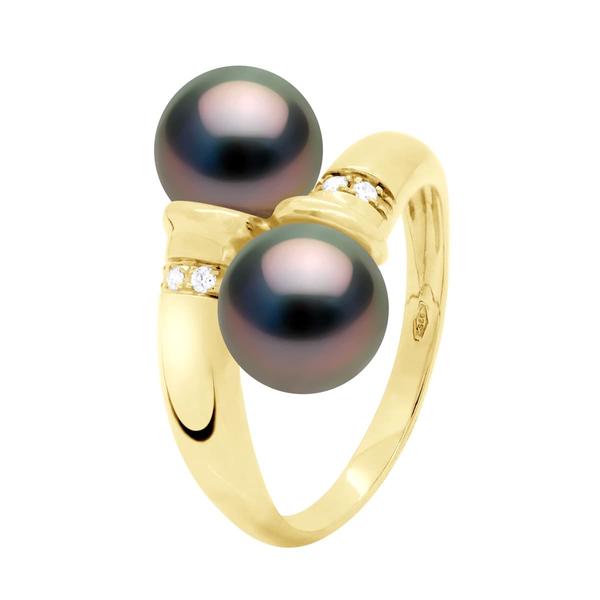 Bague Toi & Moi Véritables Perles de Tahiti Rondes 8-9 mm Diamants 0.06 ct — Or Jaune 375 Millièmes 2