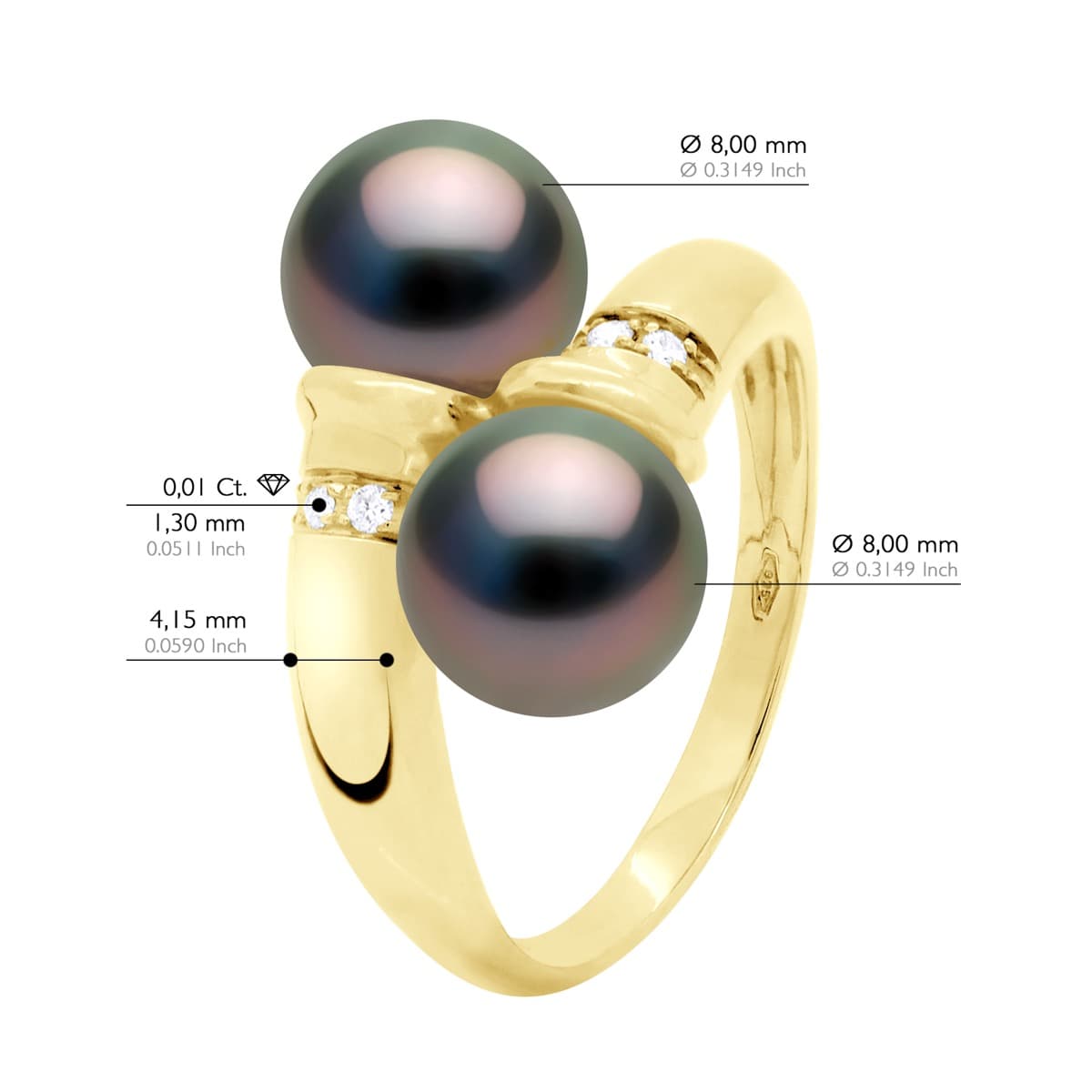 Bague Toi & Moi Véritables Perles de Tahiti Rondes 8-9 mm Diamants 0.06 ct — Or Jaune 375 Millièmes 3