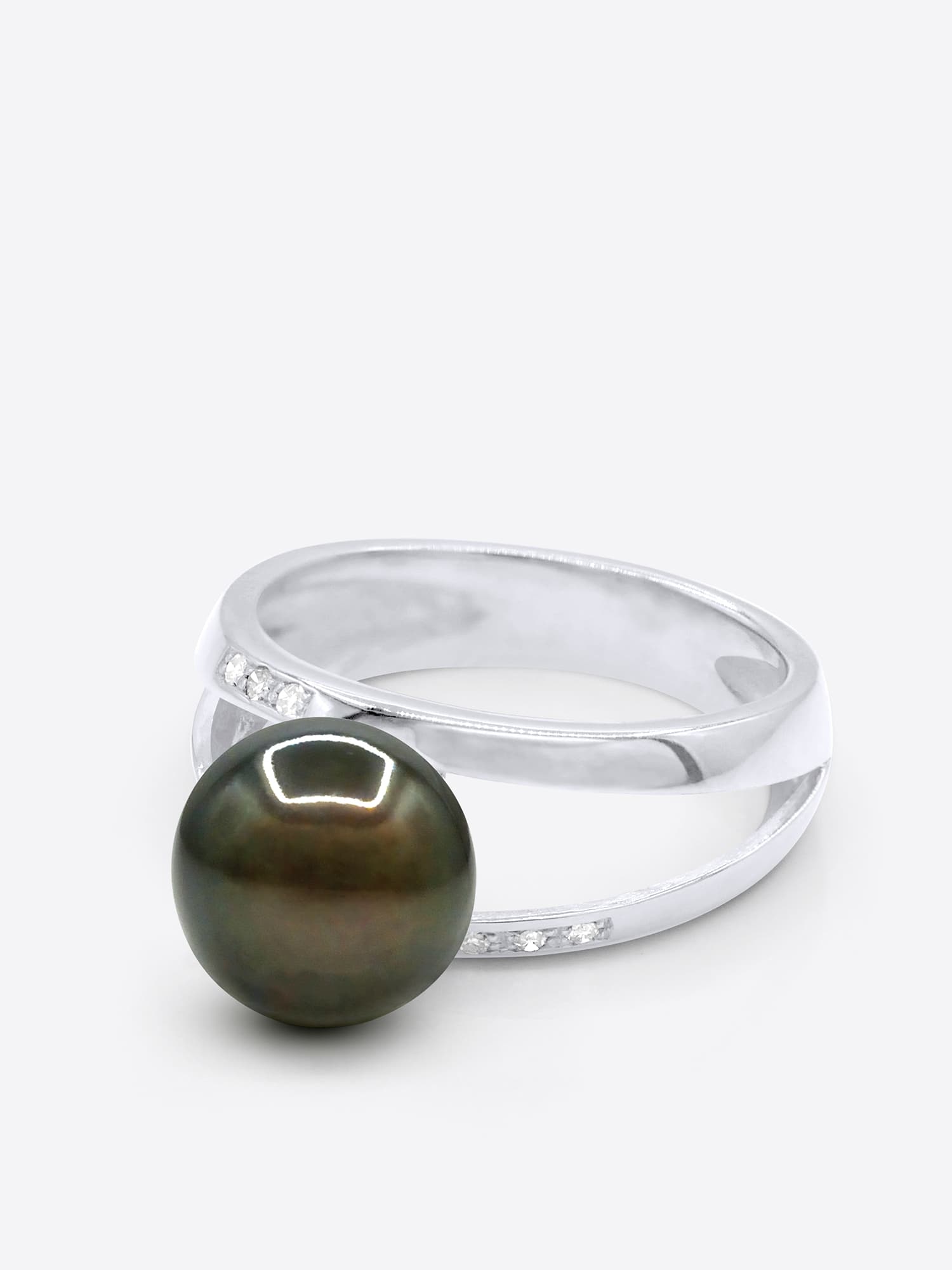 Bague Jonc Véritable Perle de Tahiti Ronde 9-10 mm Diamants 0.06 ct — Or Blanc 375 Millièmes 1
