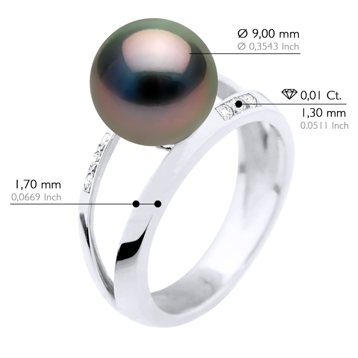 Bague Jonc Véritable Perle de Tahiti Ronde 9-10 mm Diamants 0.06 ct — Or Blanc 375 Millièmes 2