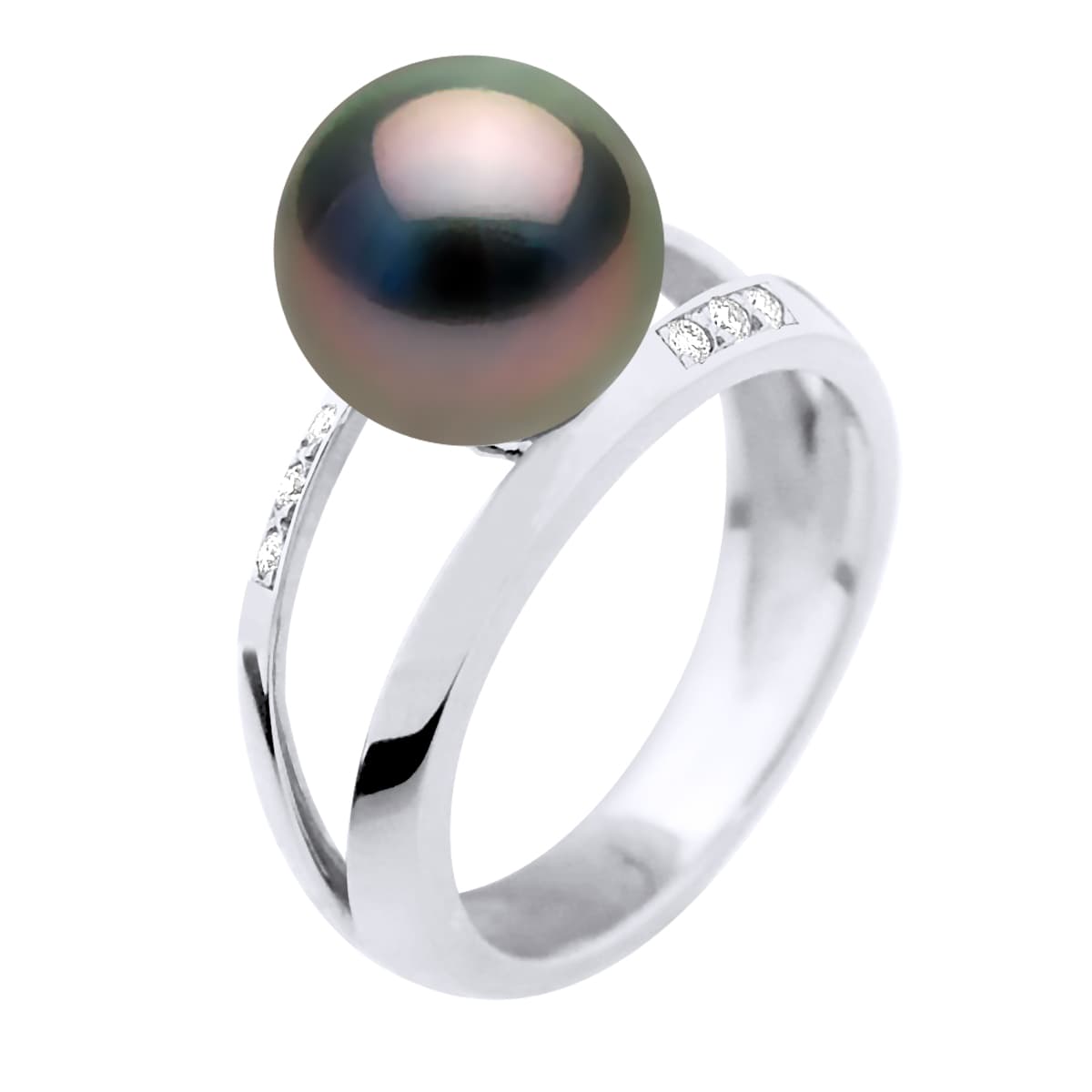 Bague Jonc Véritable Perle de Tahiti Ronde 9-10 mm Diamants 0.06 ct — Or Blanc 375 Millièmes 3