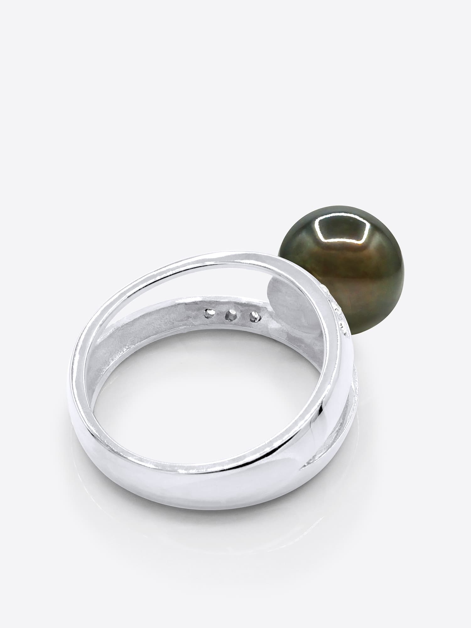 Bague Jonc Véritable Perle de Tahiti Ronde 9-10 mm Diamants 0.06 ct — Or Blanc 375 Millièmes 5