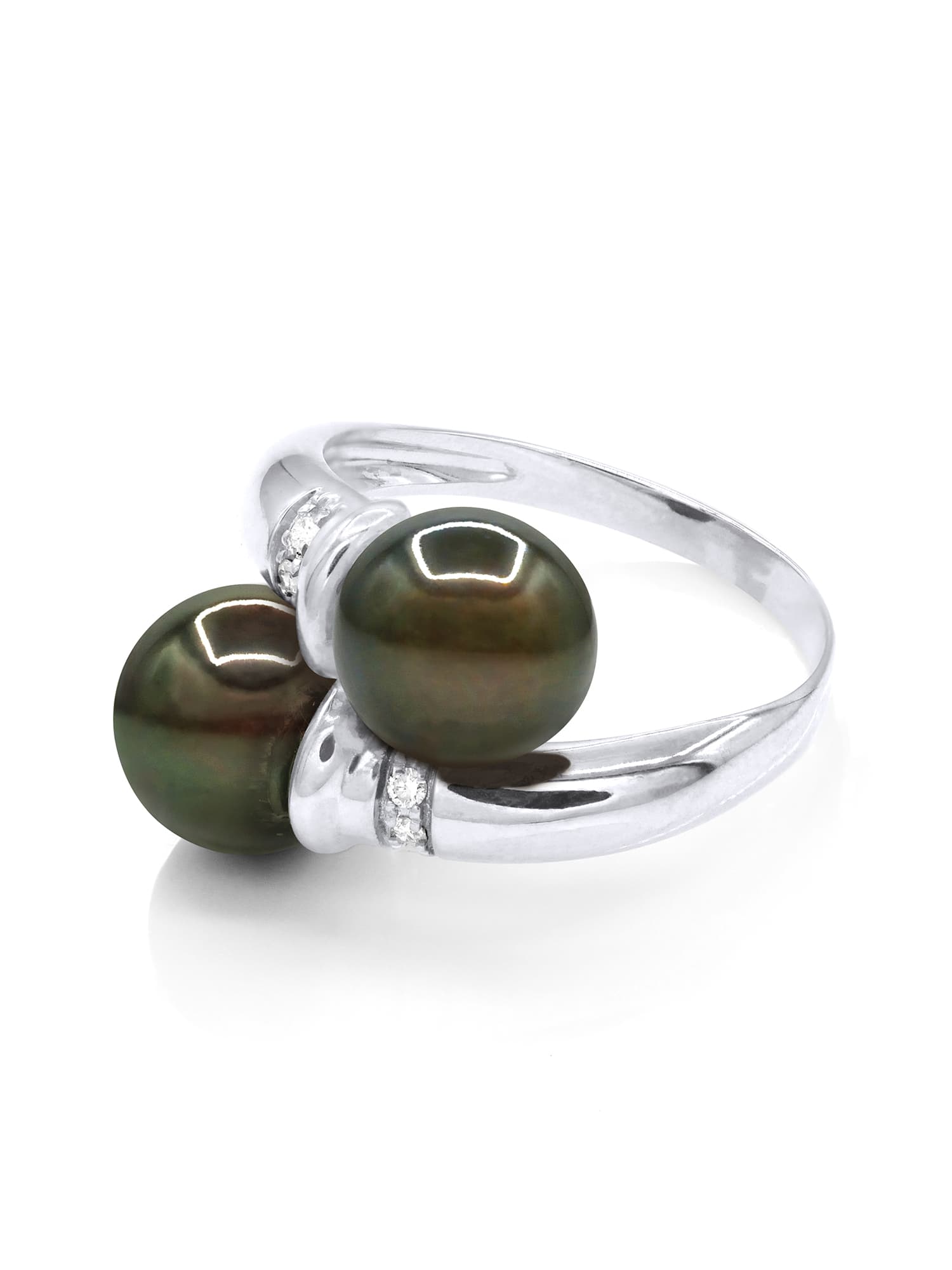 Bague Toi & Moi Véritables Perles de Tahiti Rondes 8-9 mm Diamants 0.06 ct — Or Blanc 375 Millièmes 1