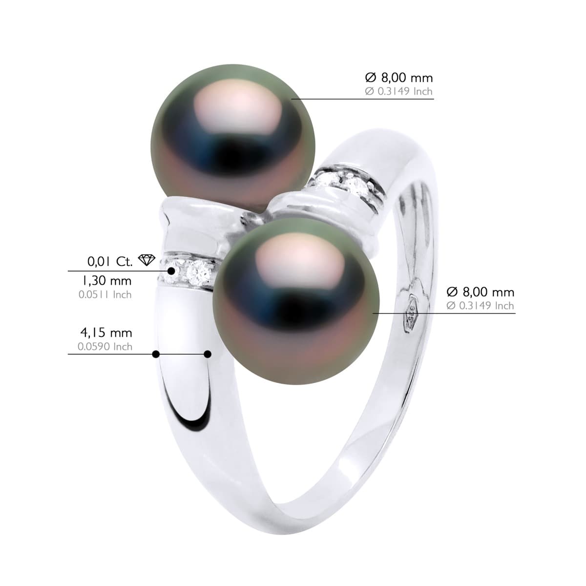 Bague Toi & Moi Véritables Perles de Tahiti Rondes 8-9 mm Diamants 0.06 ct — Or Blanc 375 Millièmes 2