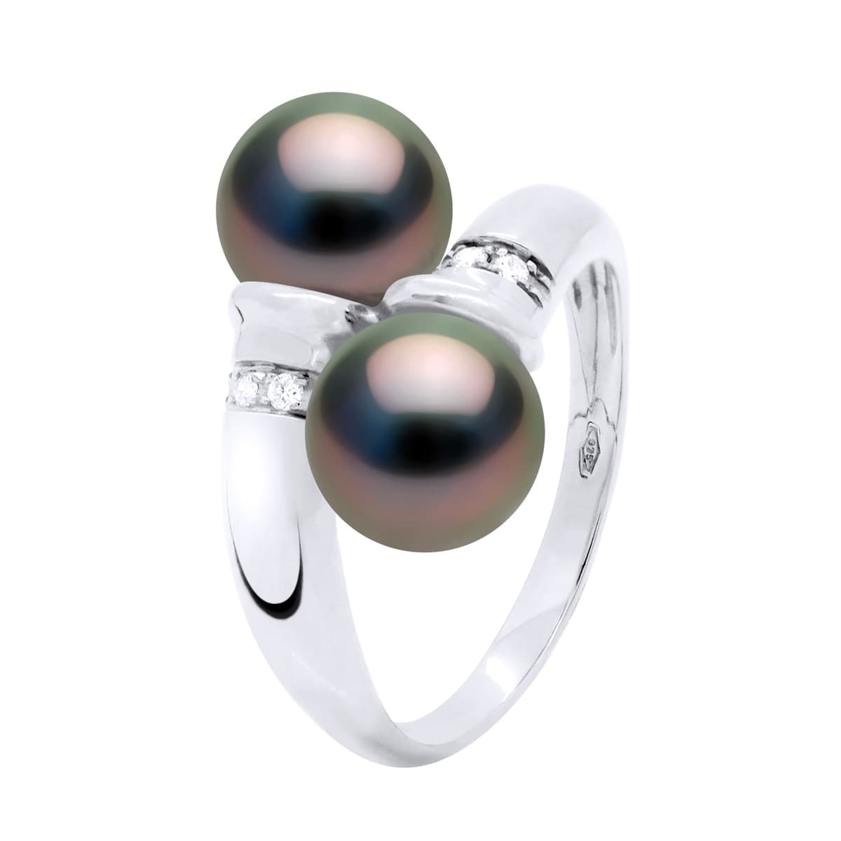 Bague Toi & Moi Véritables Perles de Tahiti Rondes 8-9 mm Diamants 0.06 ct — Or Blanc 375 Millièmes 3