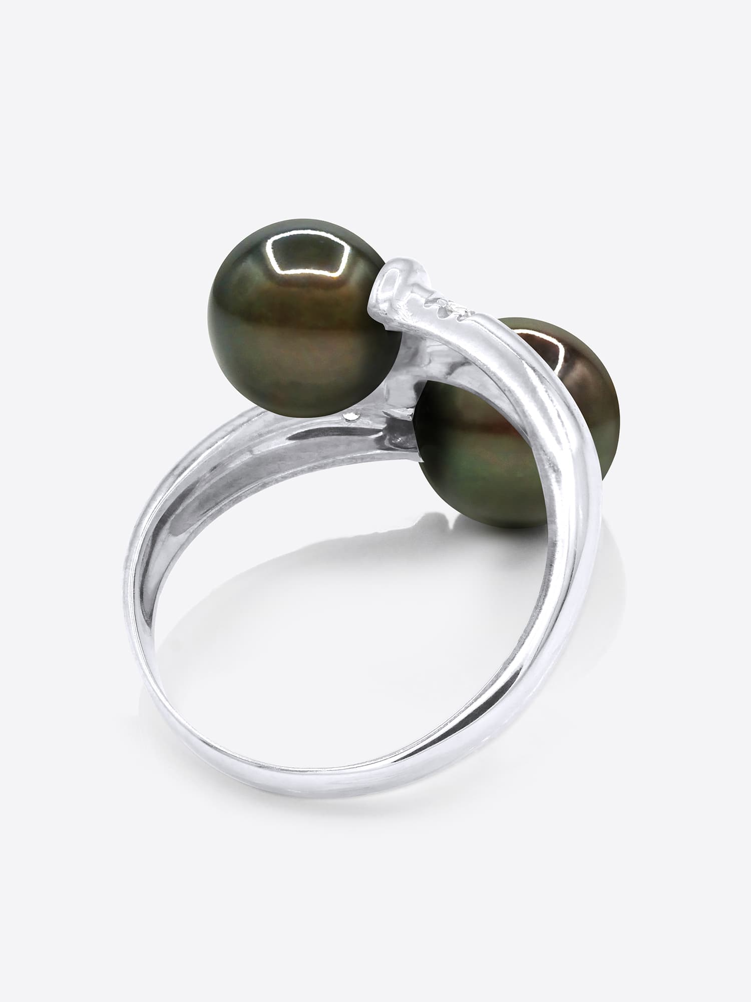 Bague Toi & Moi Véritables Perles de Tahiti Rondes 8-9 mm Diamants 0.06 ct — Or Blanc 375 Millièmes 5