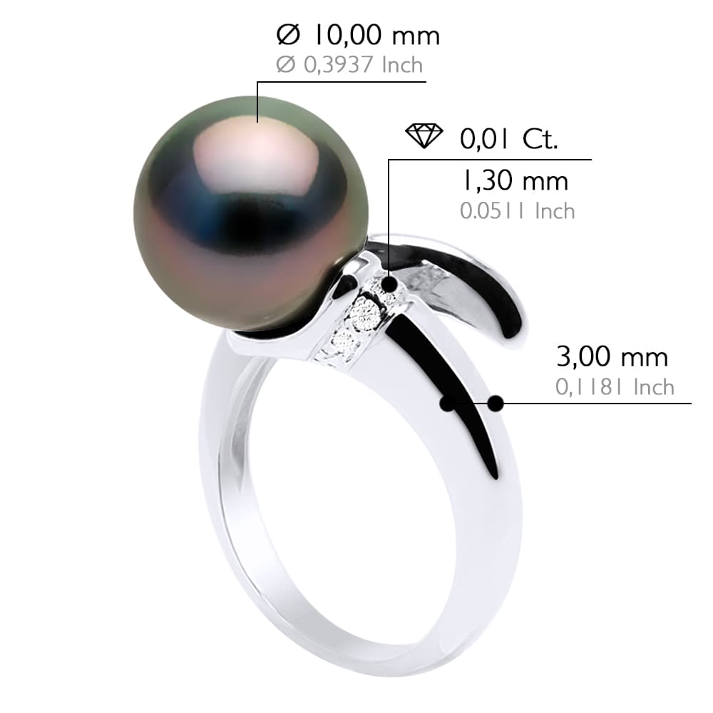 Bague Véritable Perle de Tahiti Ronde 10-11 mm Diamants 0.04 ct — Or Blanc 750 Millièmes 2