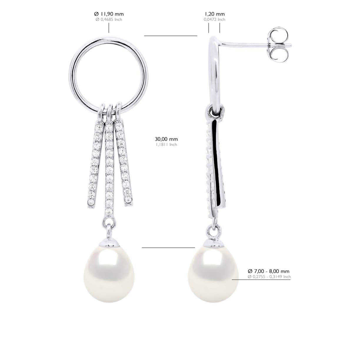 Boucles d'Oreilles Véritable Perle d'Eau Douce Poire 7-8 mm — Argent 925 Millièmes Rhodié 2