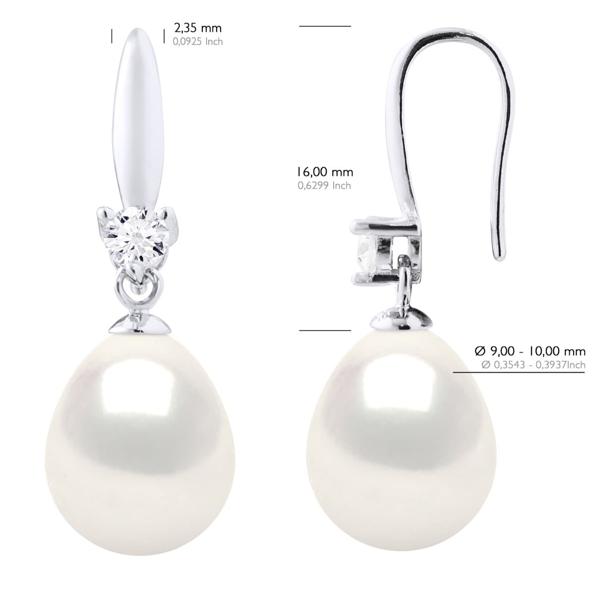 Boucles d'Oreilles Véritables Perles d'Eau Douce Poires 9-10 mm — Argent 925 Millièmes 2