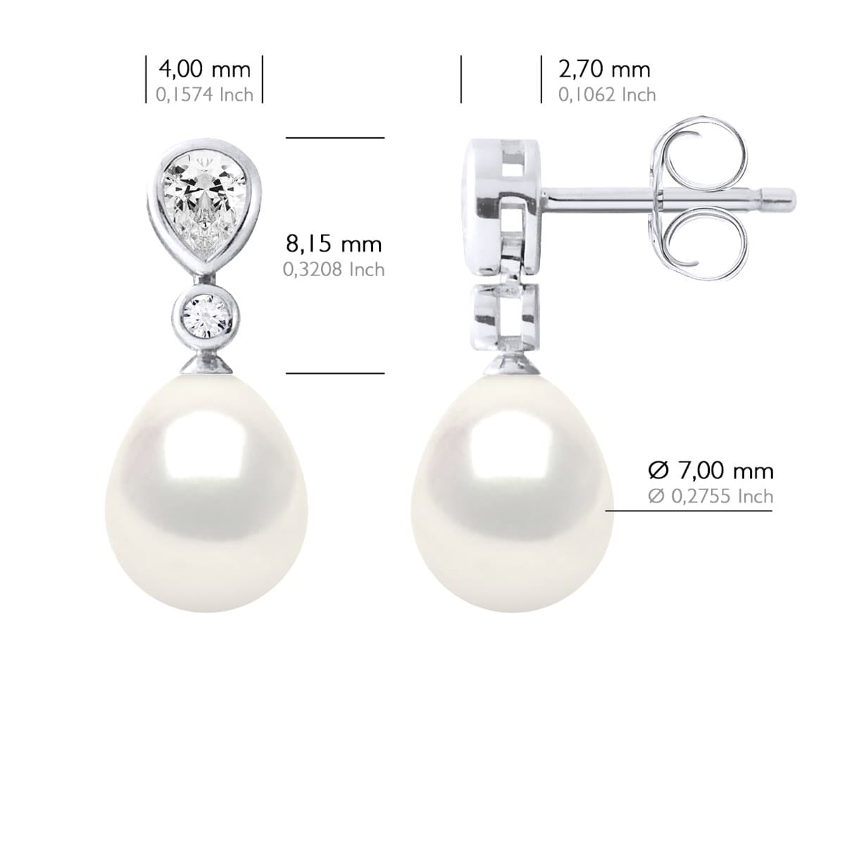 Boucles d'Oreilles Véritables Perles d'Eau Douce Poires 7-8 mm — Argent 925 Millièmes 3