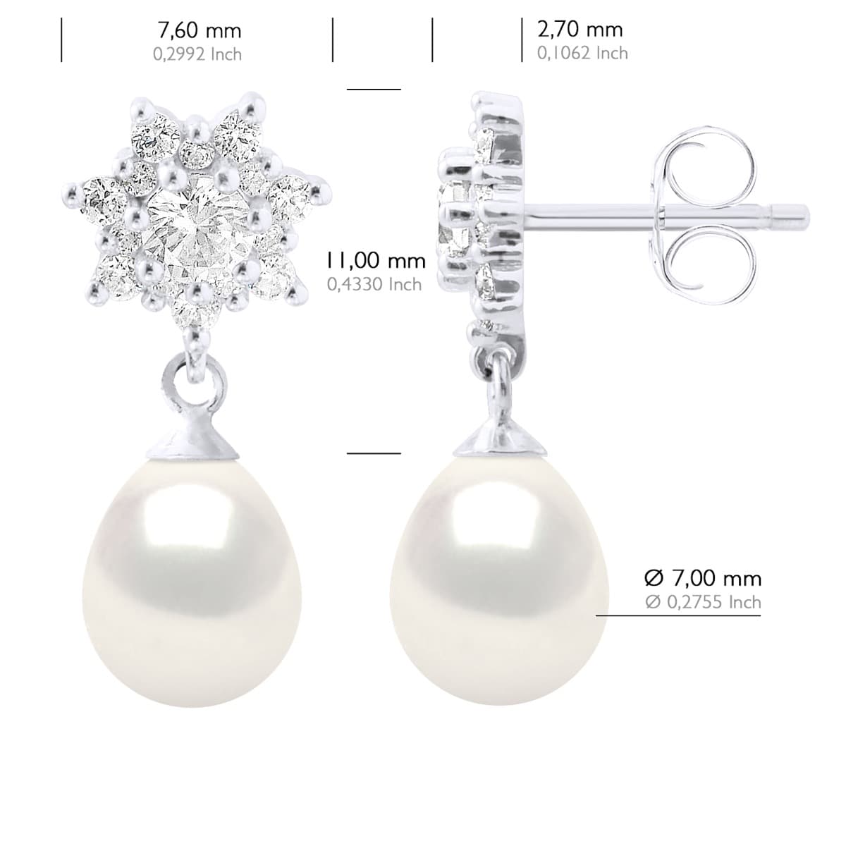 Boucles d'Oreilles Véritables Perles d'Eau Douce Poires 7-8 mm — Argent 925 Millièmes 2