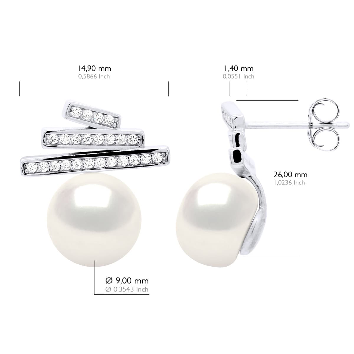 Boucles d'Oreilles Véritable Perle d'Eau Douce Bouton 9-10 mm — Argent 925 Millièmes Rhodié 2