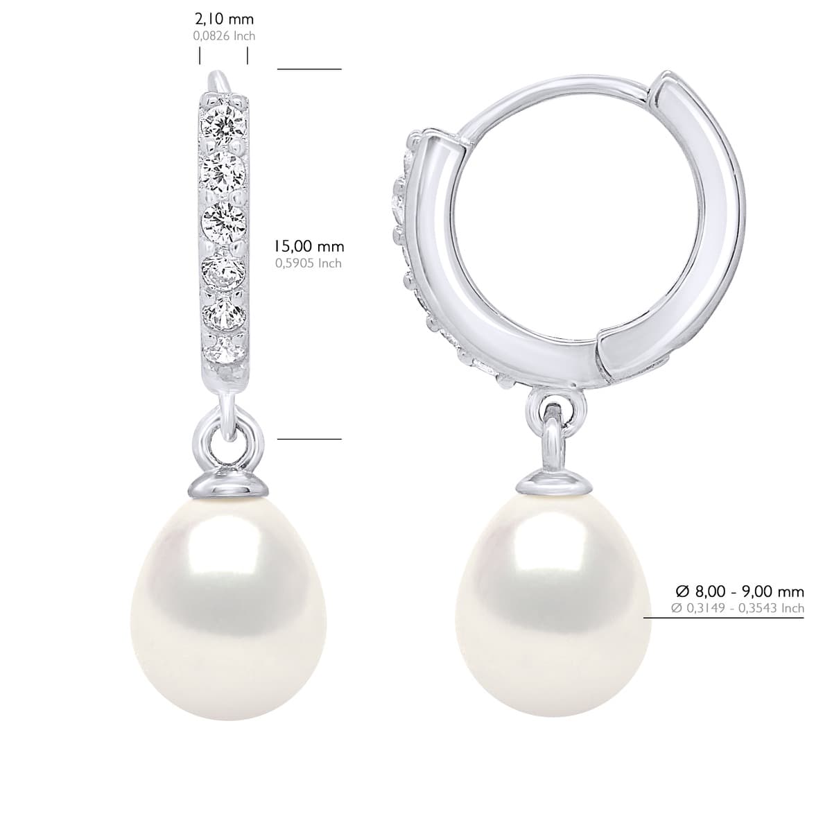 Boucles d'Oreilles Véritables Perles d'Eau Douce Poires 8-9 mm — Argent 925 Millièmes Rhodié 2
