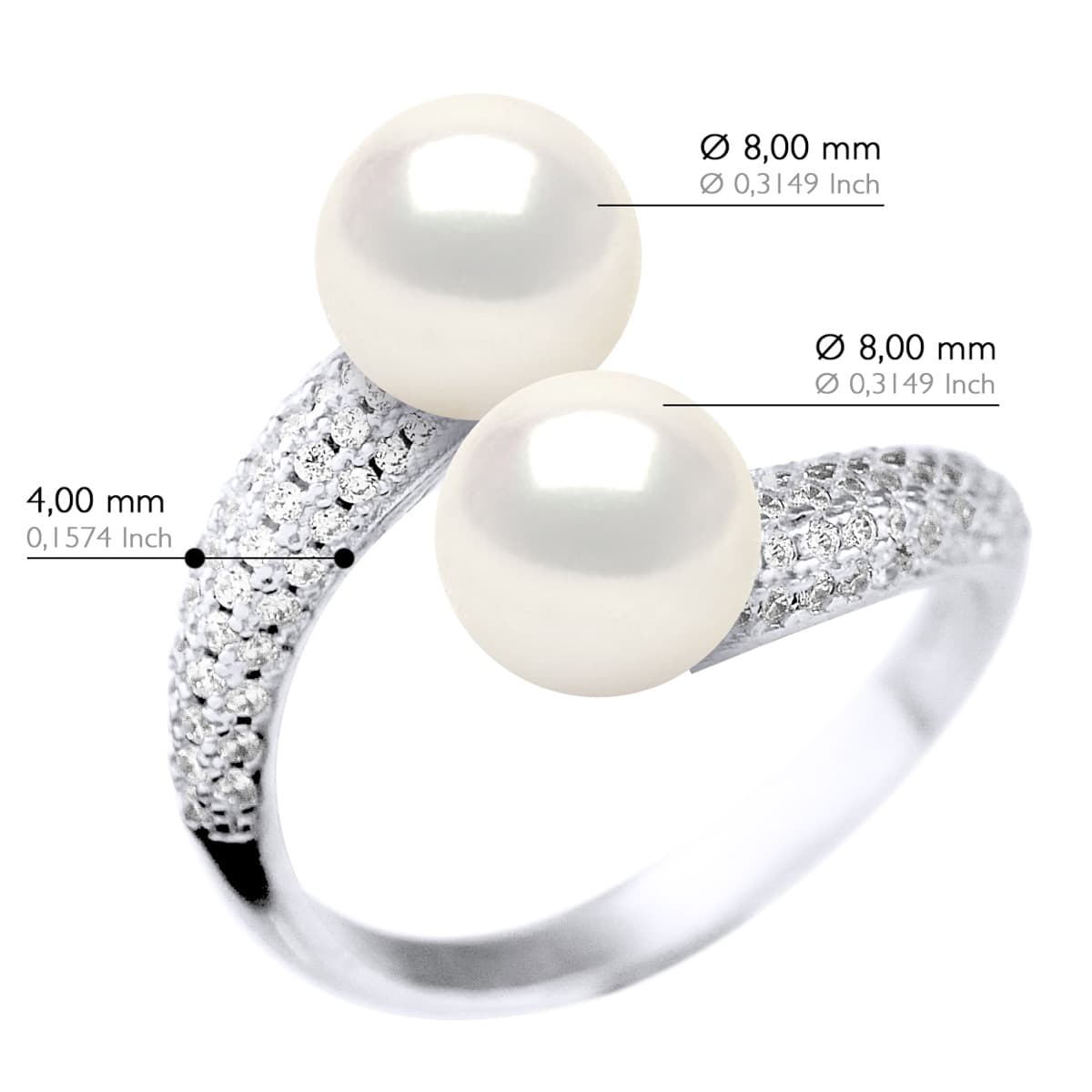 Bague Toi & Moi Véritables Perles d'Eau Douce Rondes 8-9 mm — Argent 925 Millièmes Rhodié 2