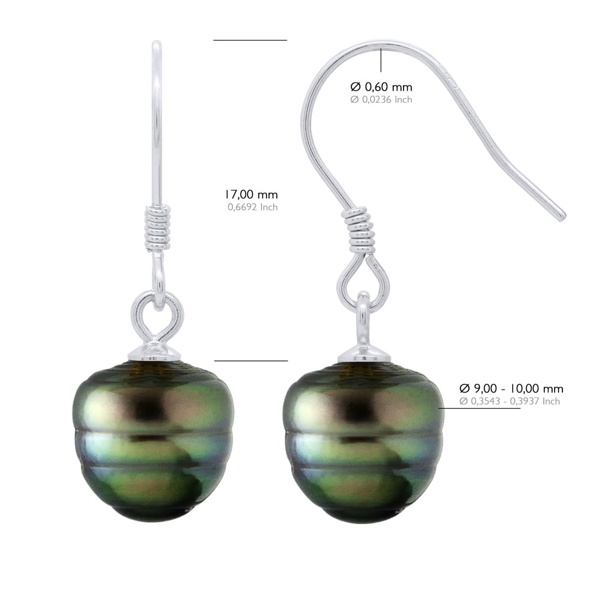 Boucles d'Oreilles Véritables Perles de Tahiti Cerclées 9-10 mm — Argent 925 Millièmes Rhodié 2