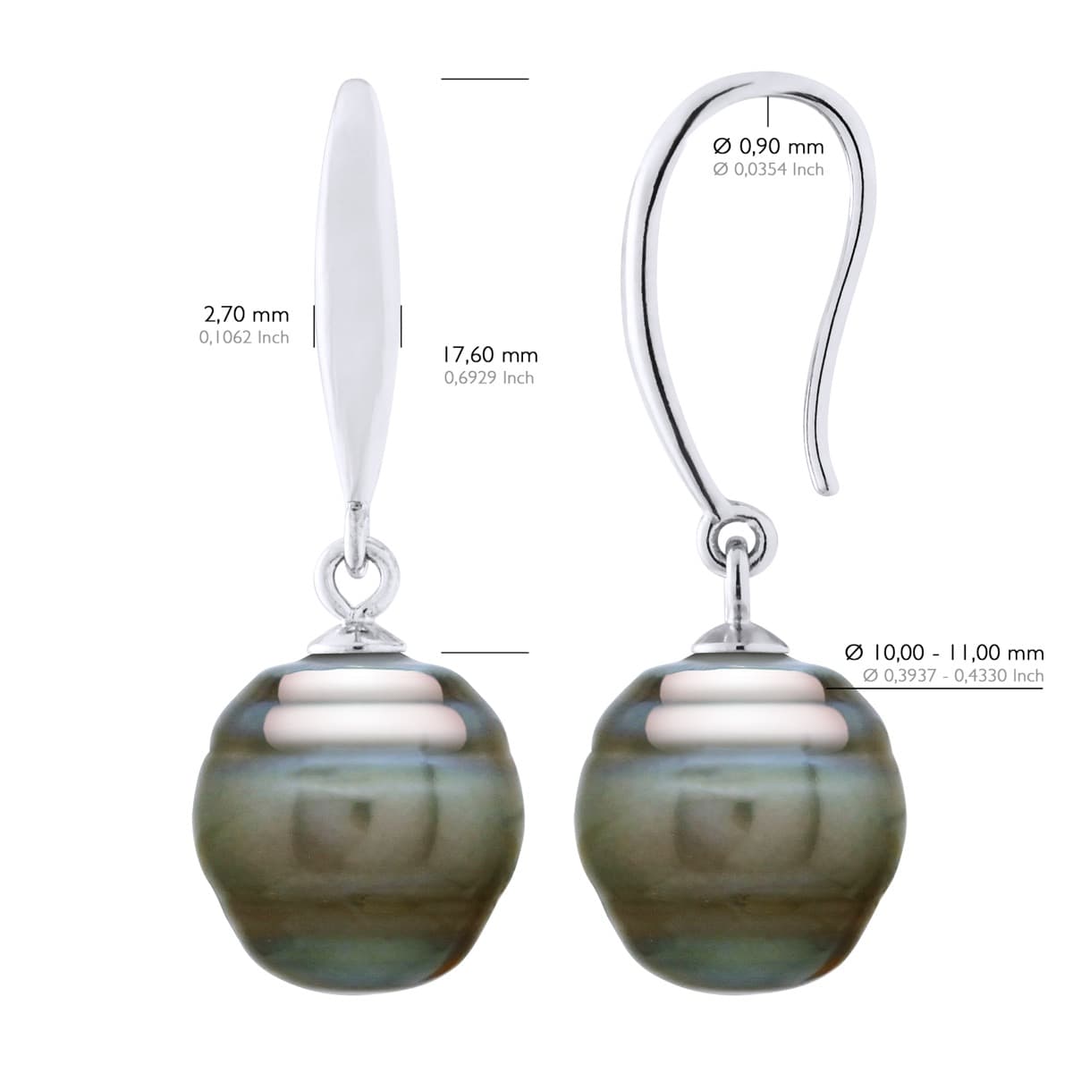 Boucles d'Oreilles Véritables Perles de Tahiti Cerclées 10-11 mm — Argent 925 Millièmes Rhodié 2