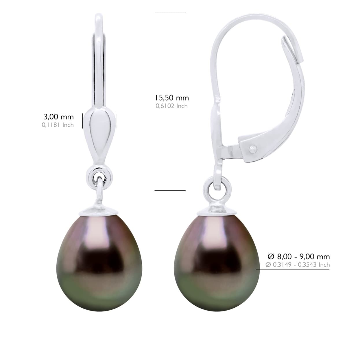 Boucles d'Oreilles Véritables Perles de Tahiti Poires 8-9 mm — Argent 925 Millièmes 2