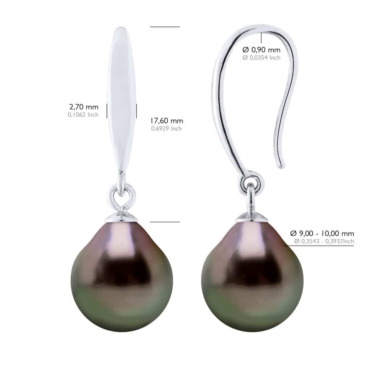 Boucles d'Oreilles Véritables Perles de Tahiti Poires 9-10 mm — Argent 925 Millièmes Rhodié 2