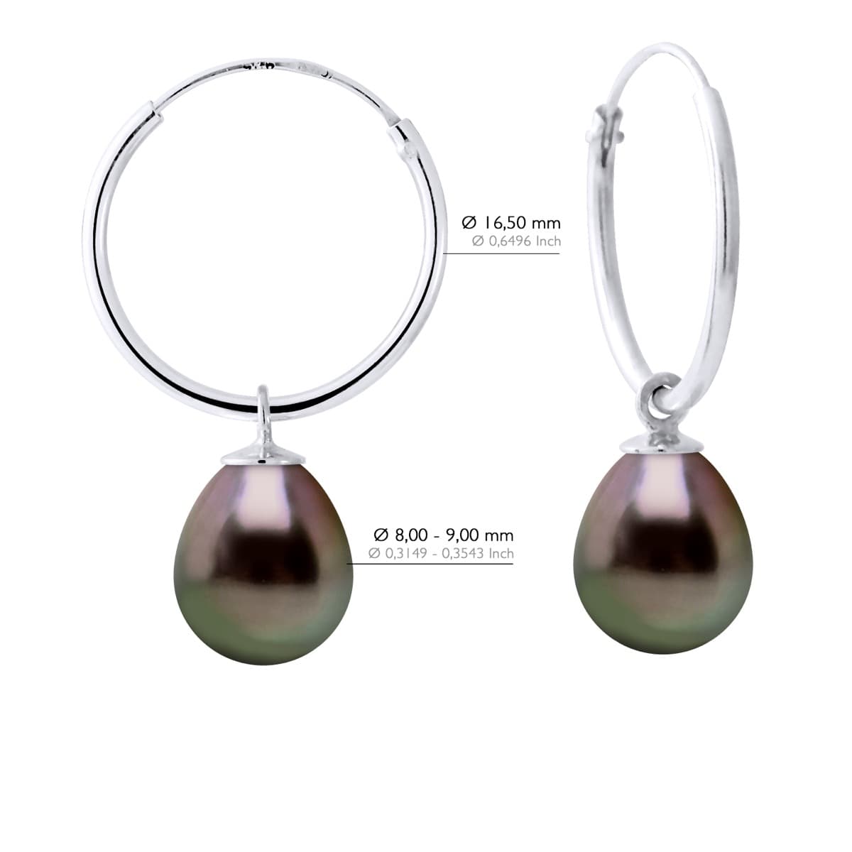 Boucles d'Oreilles Véritables Perles de Tahiti Poires 8-9 mm — Argent 925 Millièmes Rhodié 2