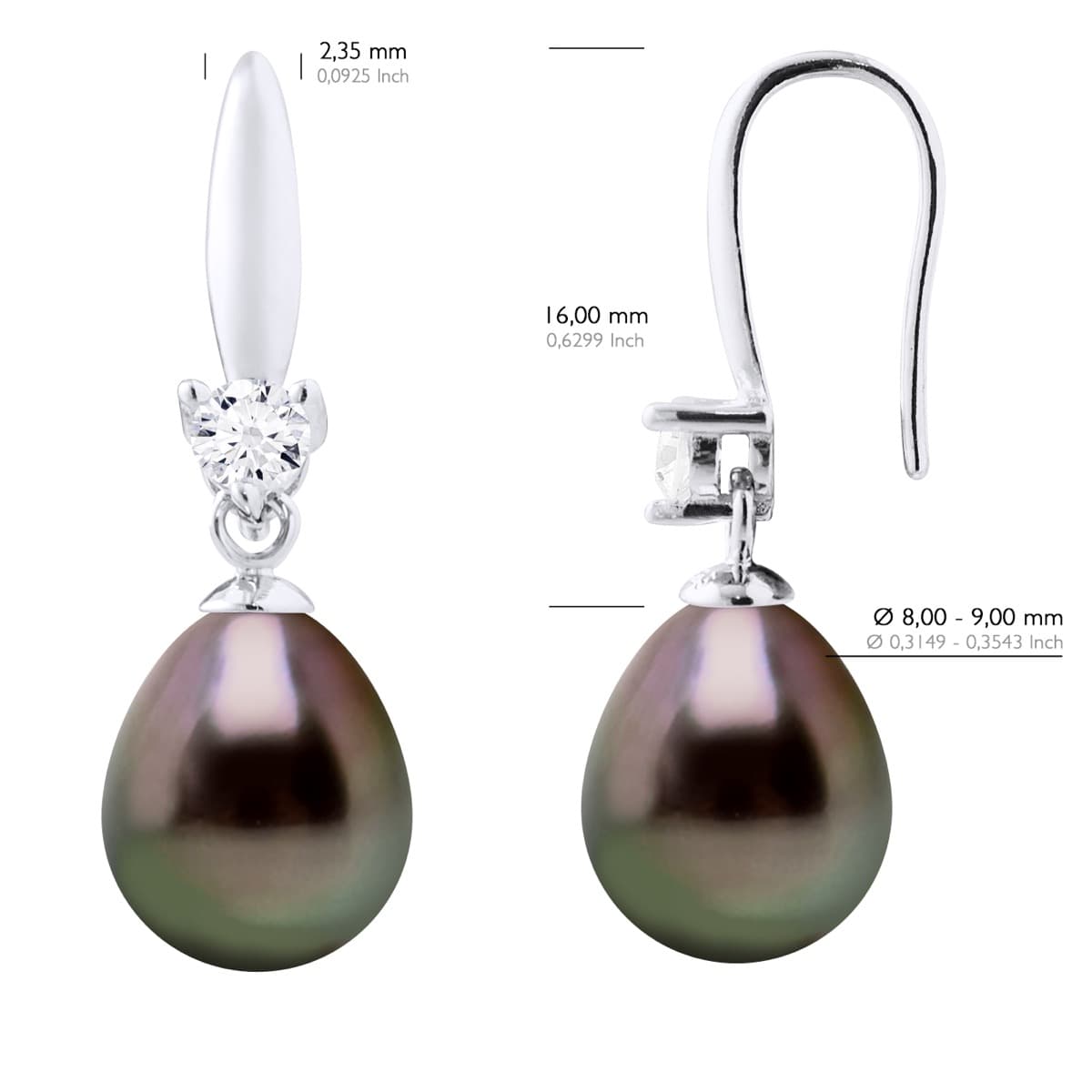 Boucles d'Oreilles Véritables Perles de Tahiti Poires 8-9 mm — Argent 925 Millièmes 2