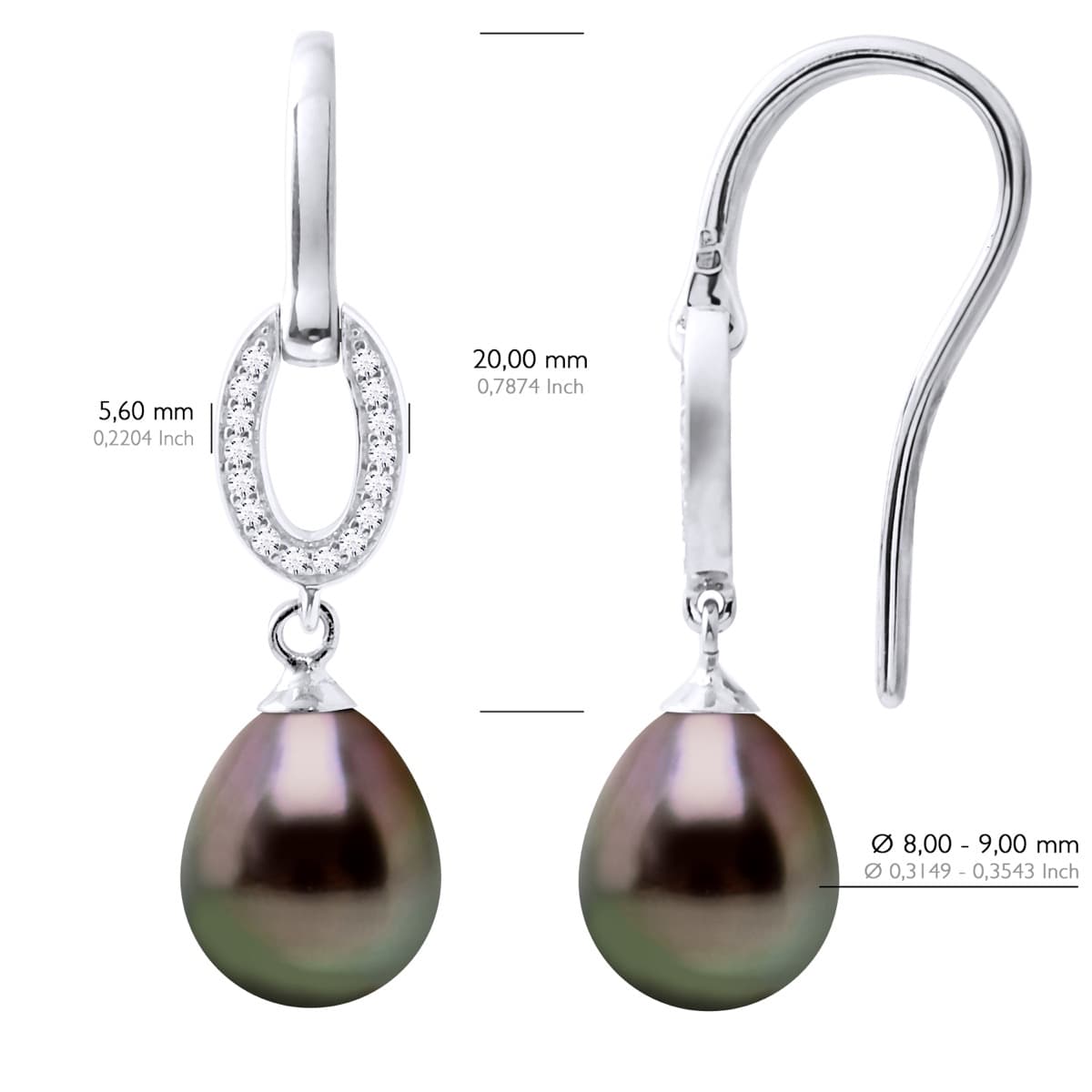 Boucles d'Oreilles Véritables Perles de Tahiti Poires 8-9 mm — Argent 925 Millièmes 2