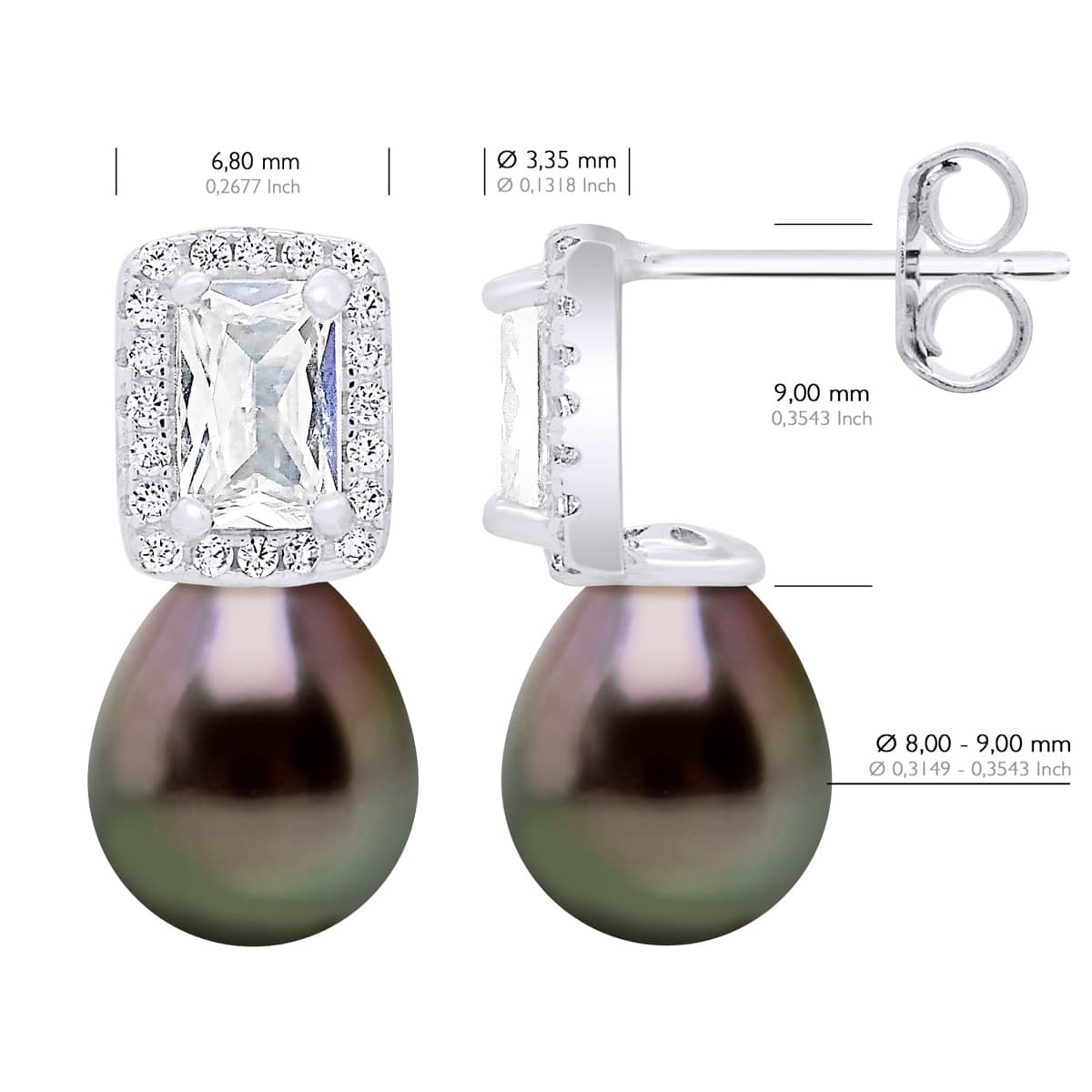 Boucles d'Oreilles Véritables Perles de Tahiti 8-9 mm — Argent 925 Millièmes Rhodié 2
