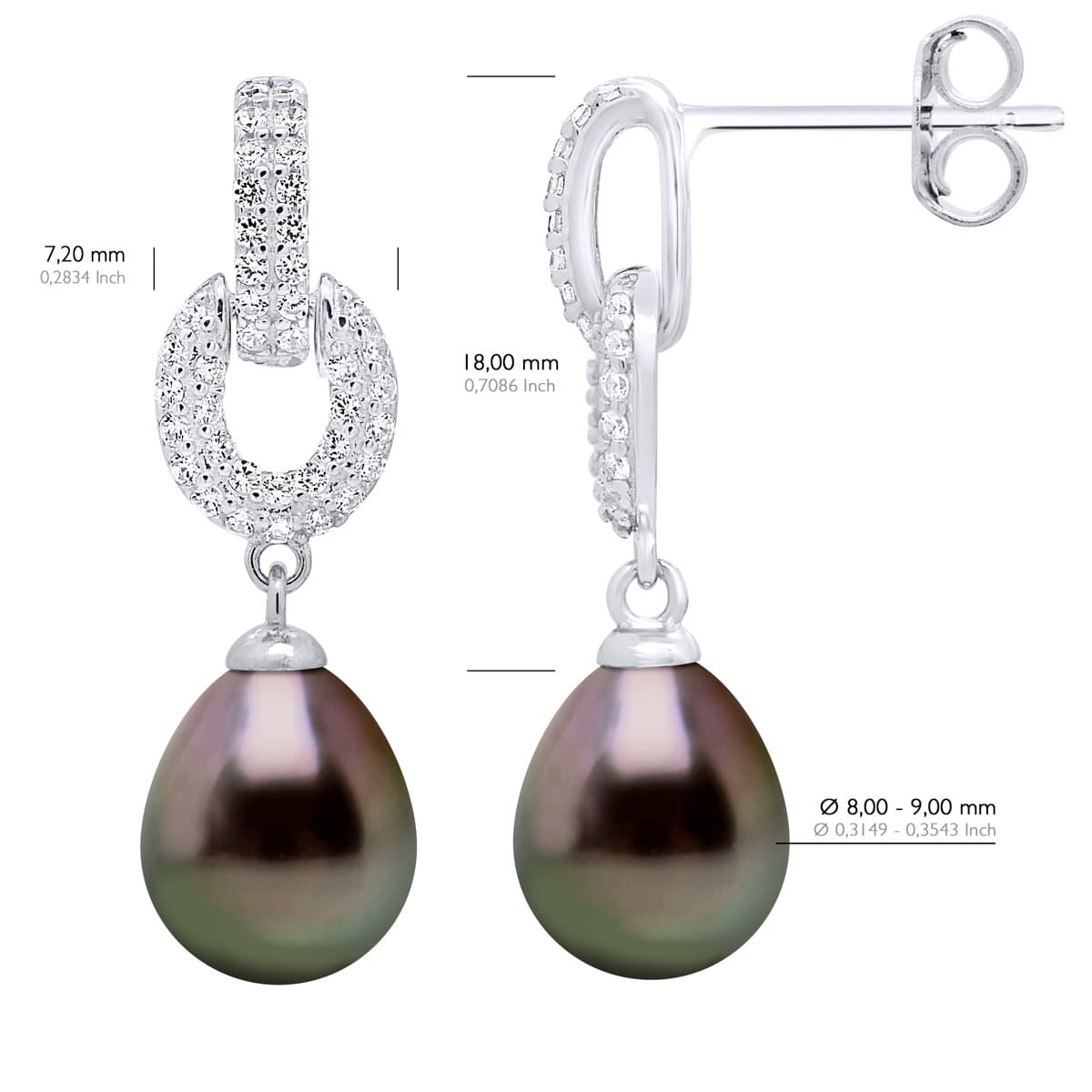 Boucles d'Oreilles Véritables Perles de Tahiti 8-9 mm — Argent 925 Millièmes Rhodié 2