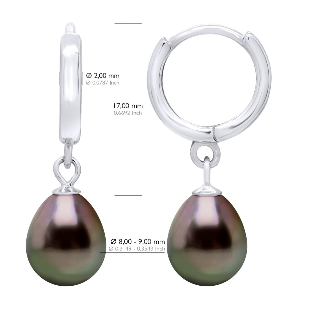 Boucles d'Oreilles Véritables Perles de Tahiti 8-9 mm — Argent 925 Millièmes Rhodié 2
