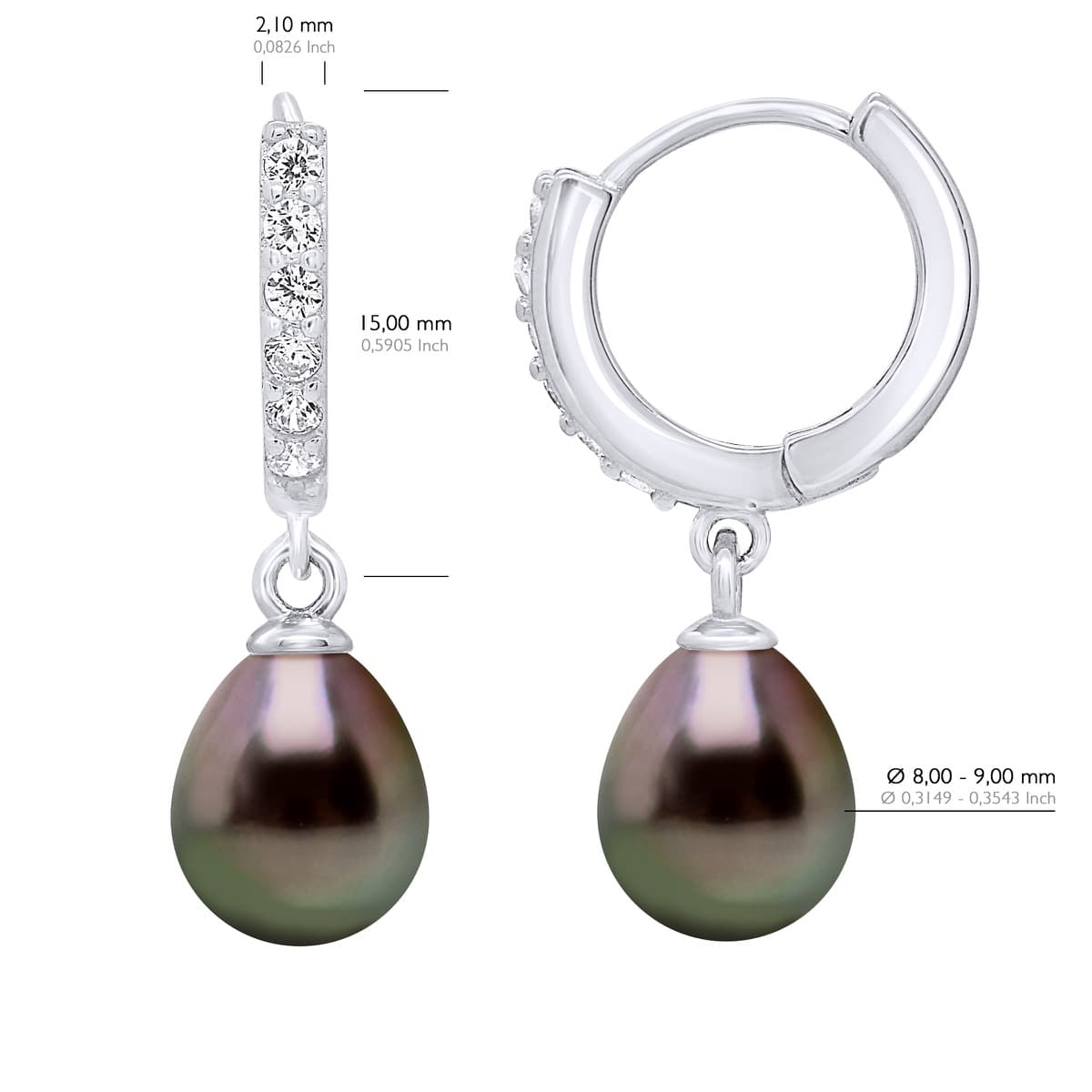 Boucles d'Oreilles Véritables Perles de Tahiti 8-9 mm — Argent 925 Millièmes Rhodié 2