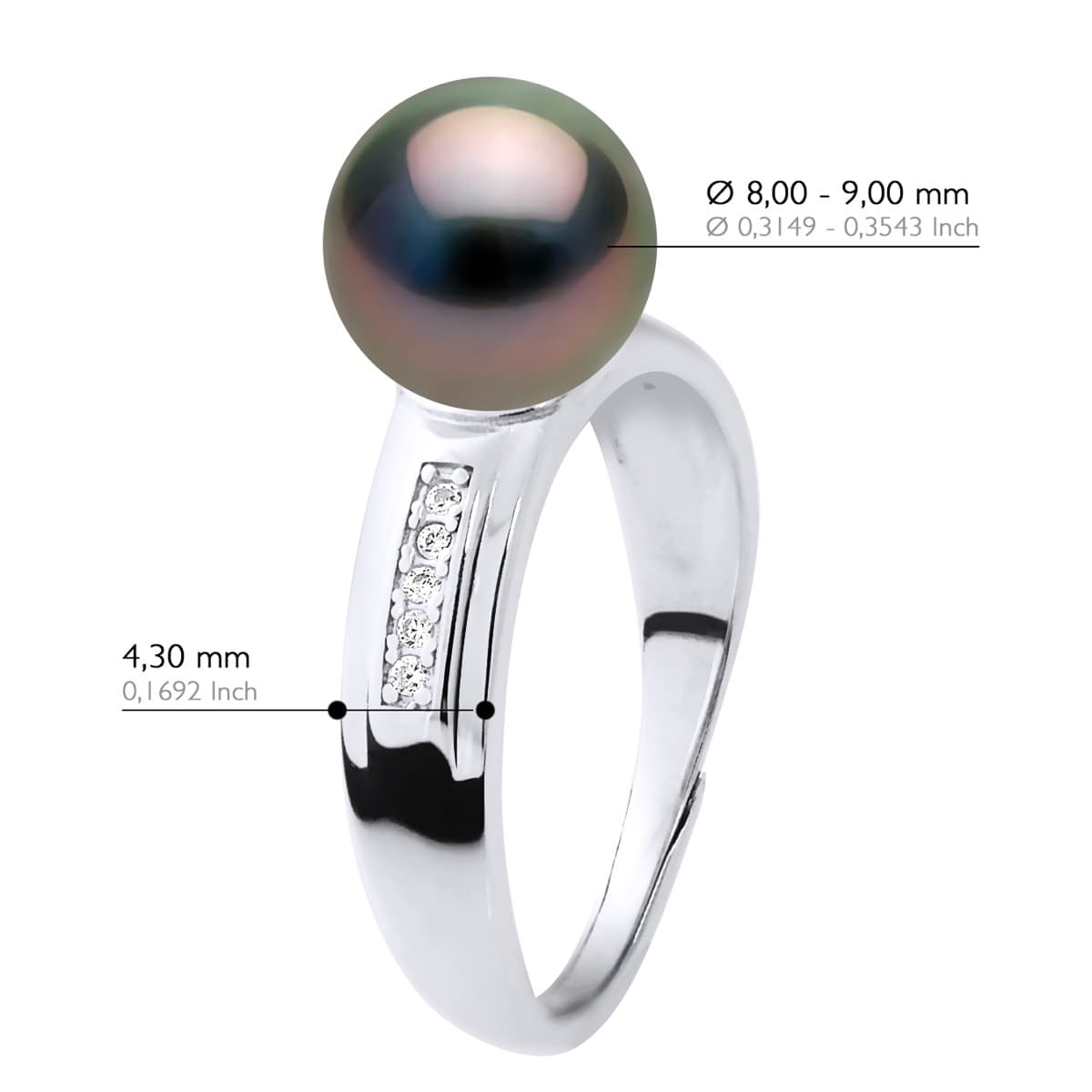 Bague Jonc Véritable Perle de Tahiti Ronde 8-9 mm — Argent 925 Millièmes Rhodié 2