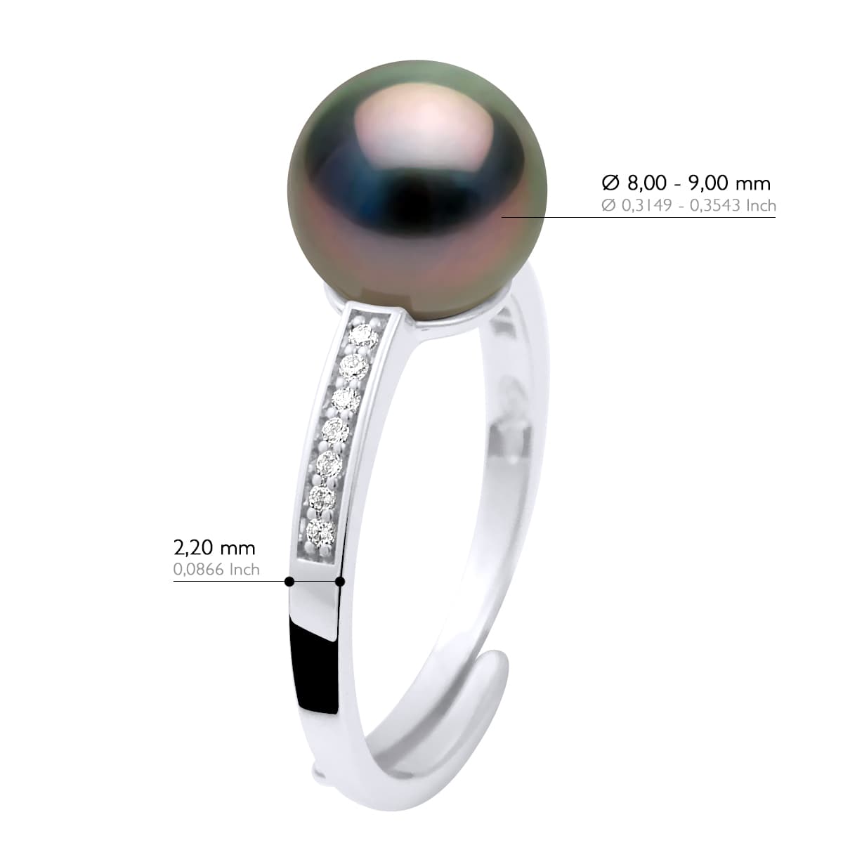 Bague Jonc Véritable Perle de Tahiti Ronde 8-9 mm — Argent 925 Millièmes Rhodié 2